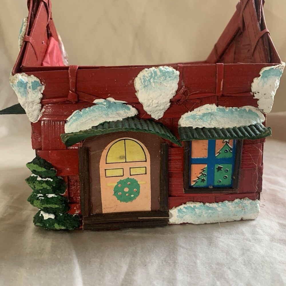 VTG Christmas Bamboo Basket, Santa Workshop 3D Effect, Small 6x6x11”